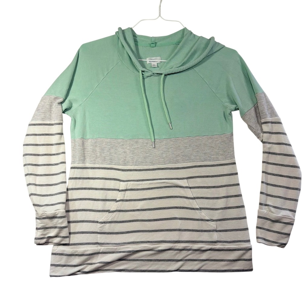 Market & Spruce Womens Mint Green Striped Colorblock Hoodie Thumbholes L Petite